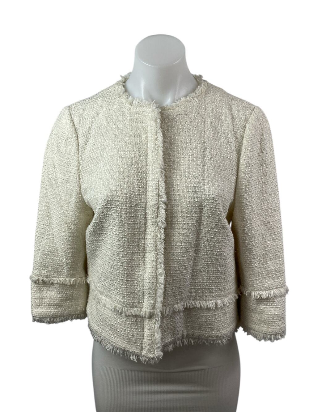 Ted Baker White Tweed Fringe Half Sleeve Full Zip Blazer Coat Jacket Size 2